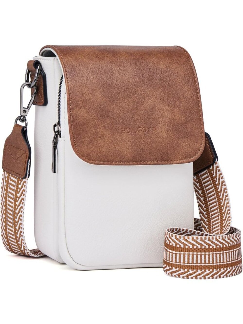 POIUGOYA Women's Beige Brown Leather Triple Compartment Cell Phone Crossbody Bag